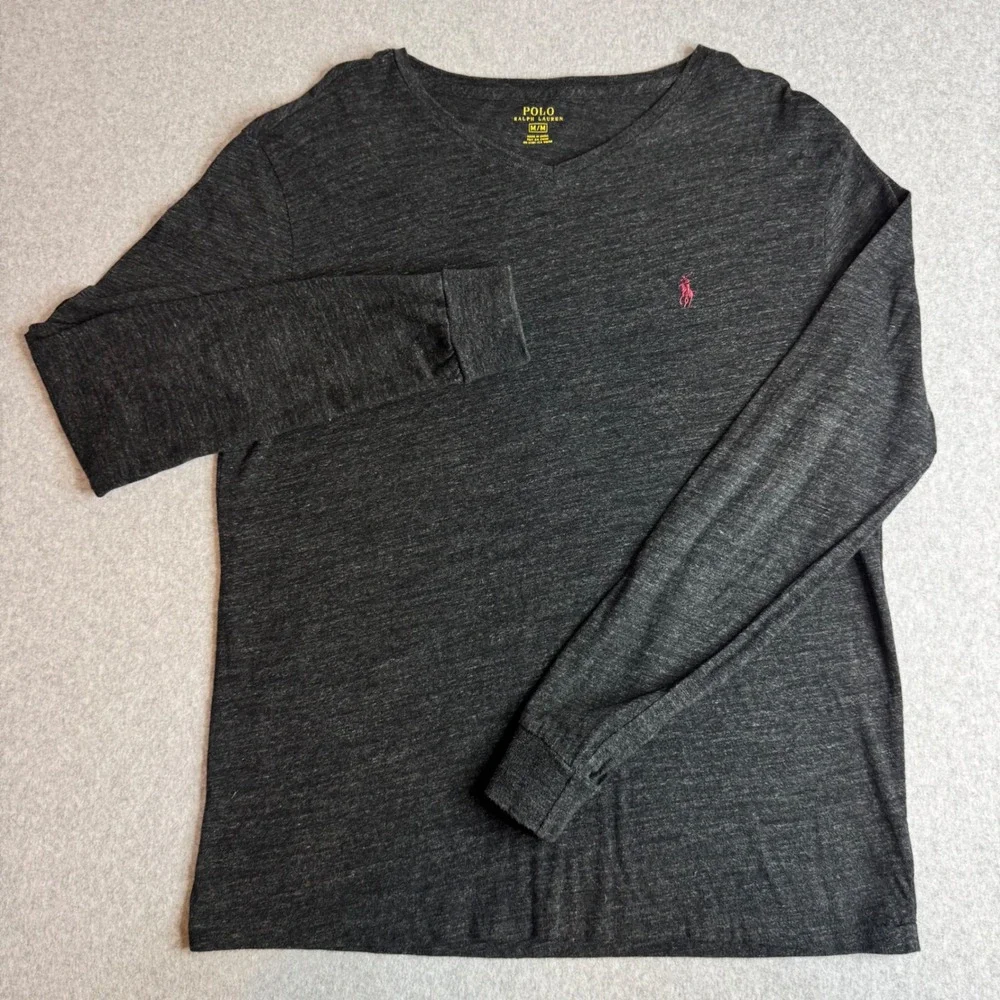 Polo Ralph Lauren Mens V-Neck Long Sleeve T-Shirt Gray Heather Pink Pony Medium